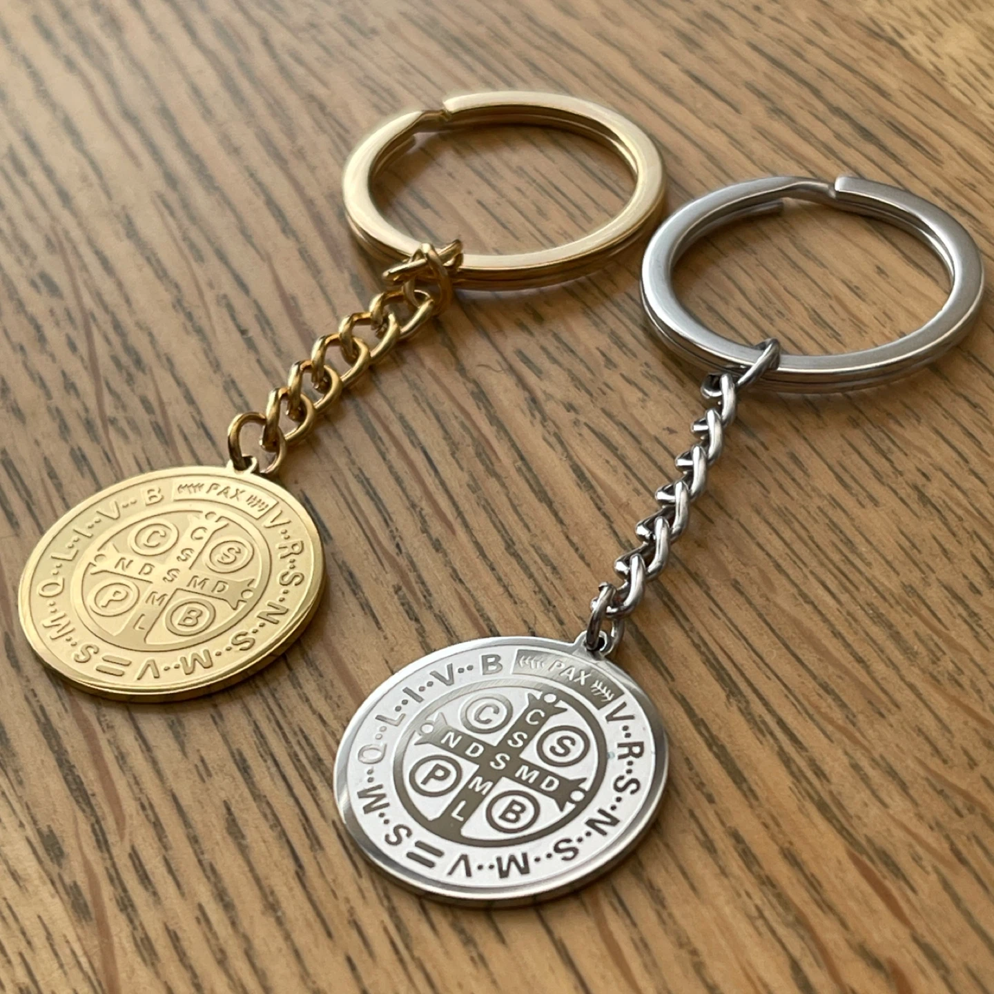 Double sided St. Benedict stainless steel keychain