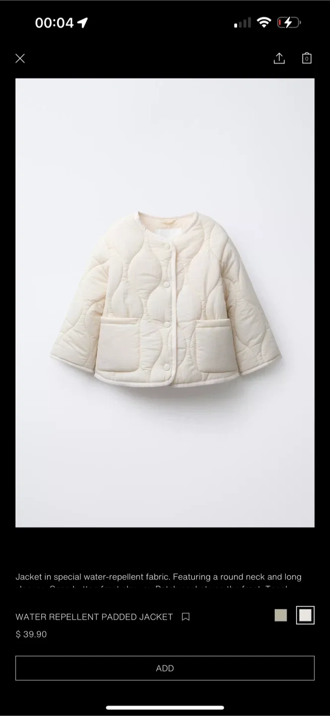 Zara Water Repellent Padded Jacket - Size 3-6 Months