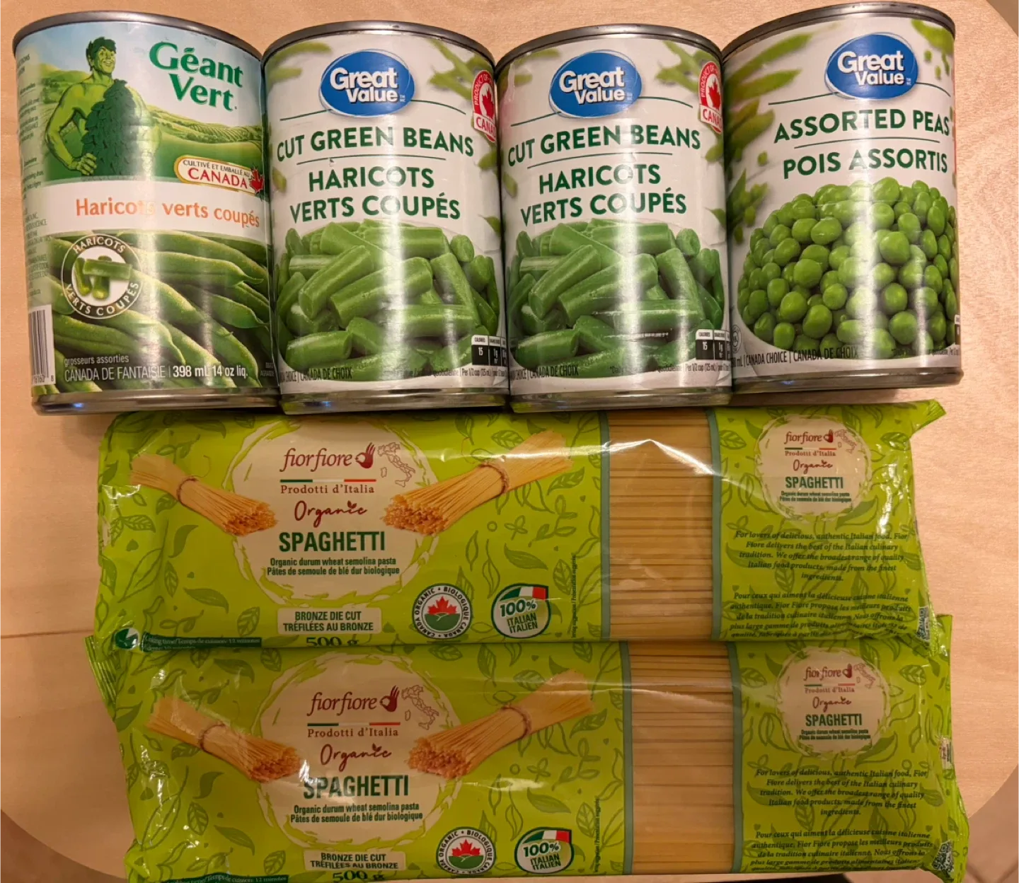 Organic spaghetti and canned food