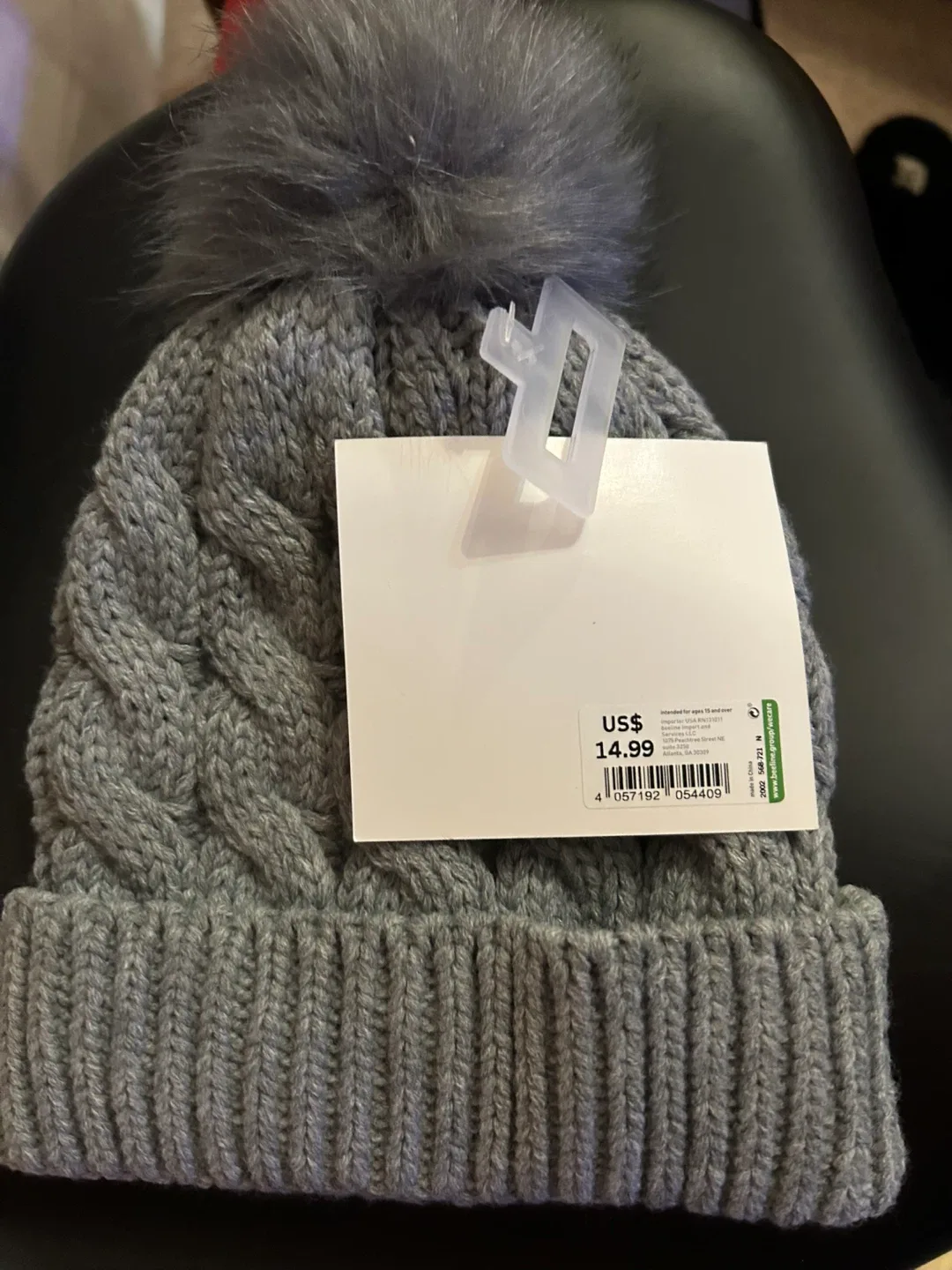 Grey Knit Pom Pom Beanie - New
