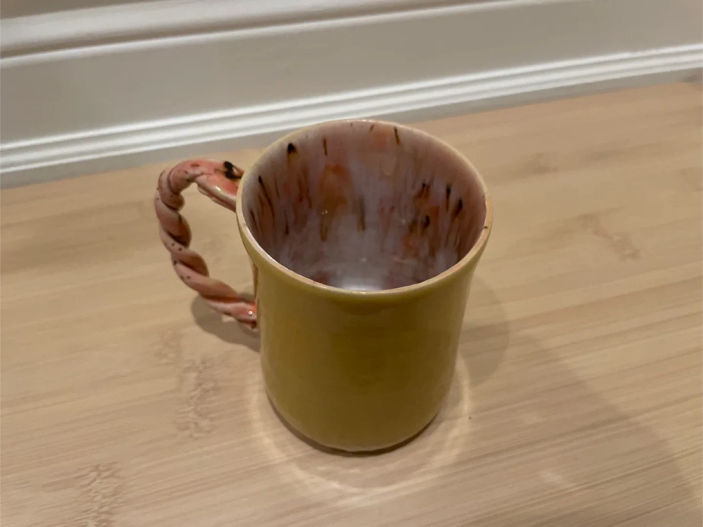New Handmade Yellow Mug with Pink Handle
