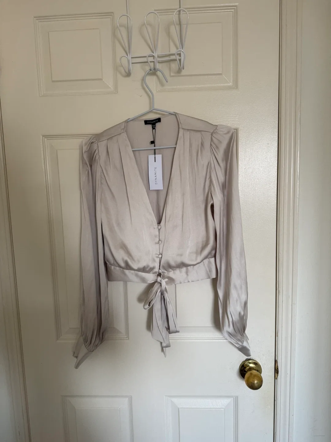 Dynamite Tie-Front Cropped Satin Blouse - XS