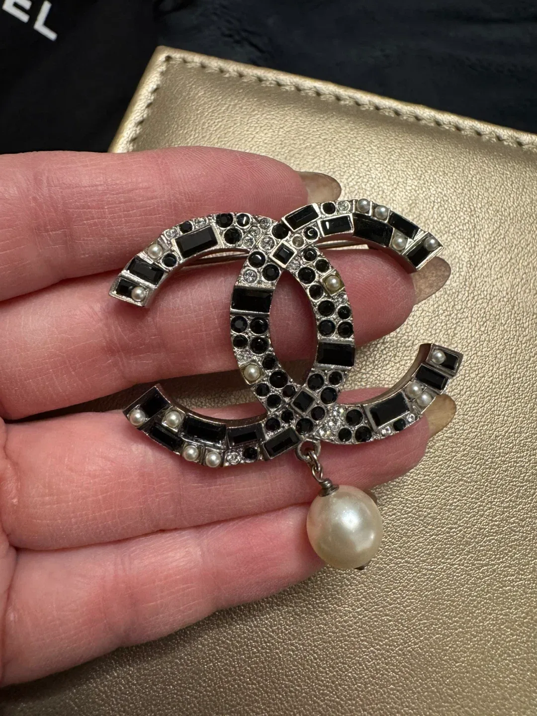 Authentic Chanel CC Pearl Drop Brooch
