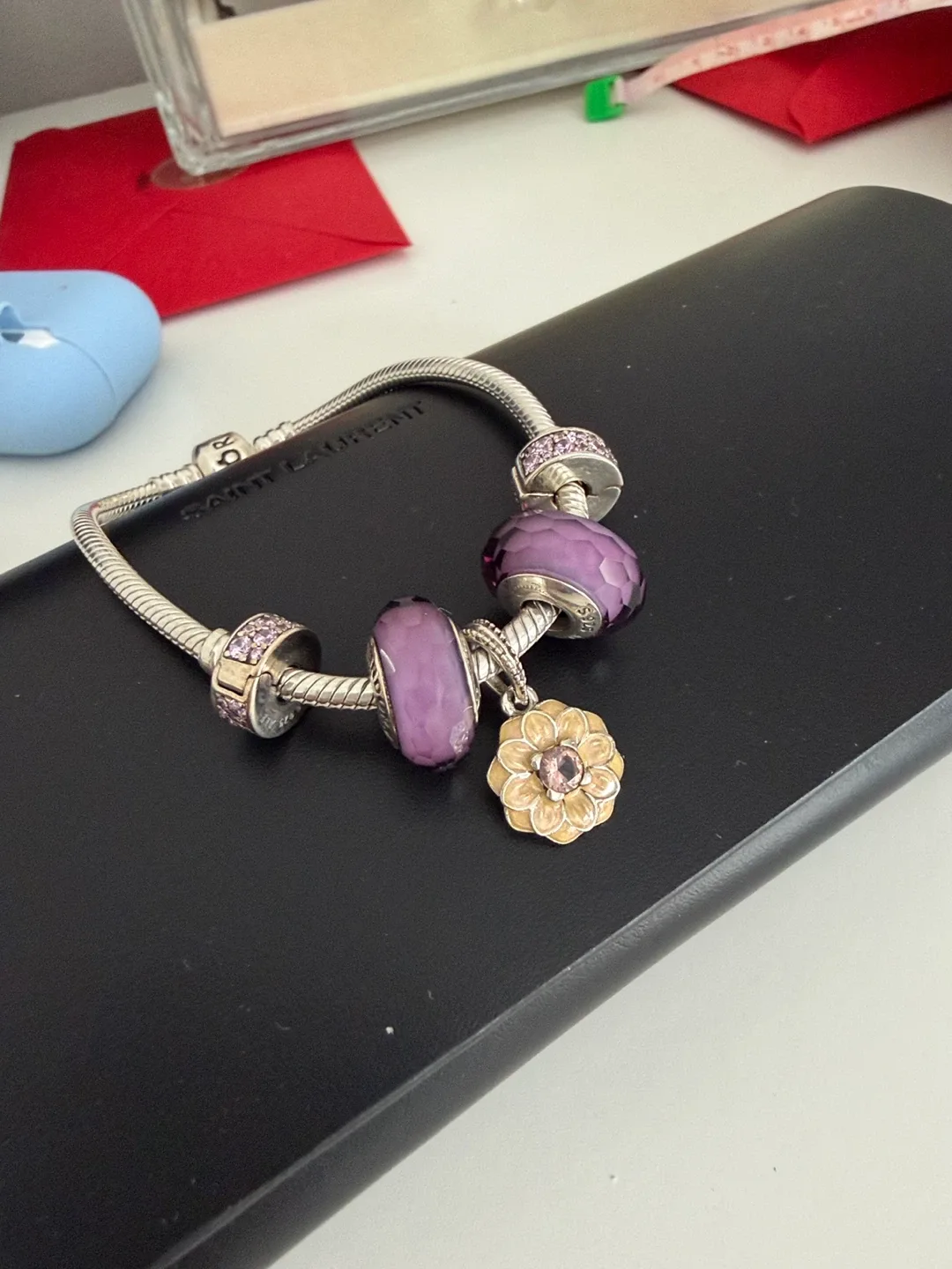 Pandora Silver Bracelet with Purple Charms