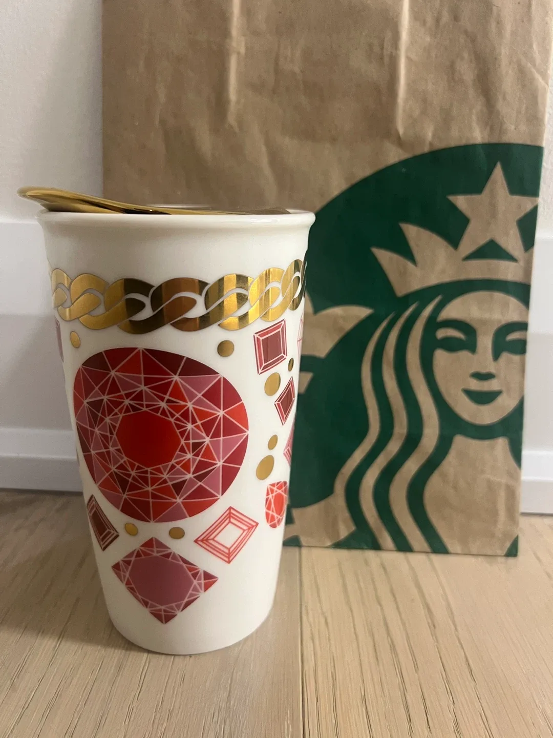 Starbucks White & Gold Ceramic Tumbler