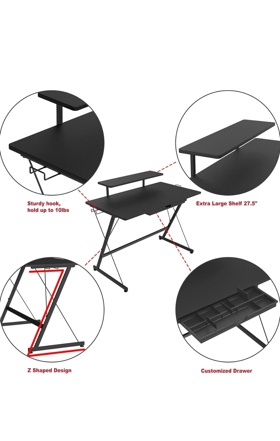 Black Gaming Desk with Shelf & Drawer - photo 4