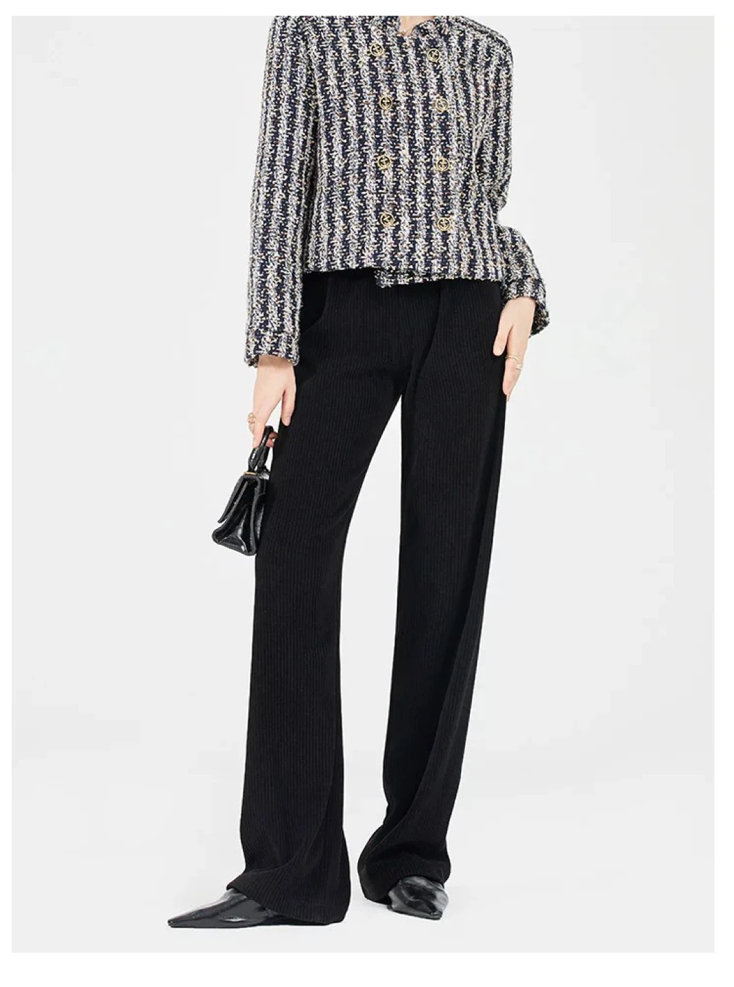 New Black Ribbed Wide Leg Trousers