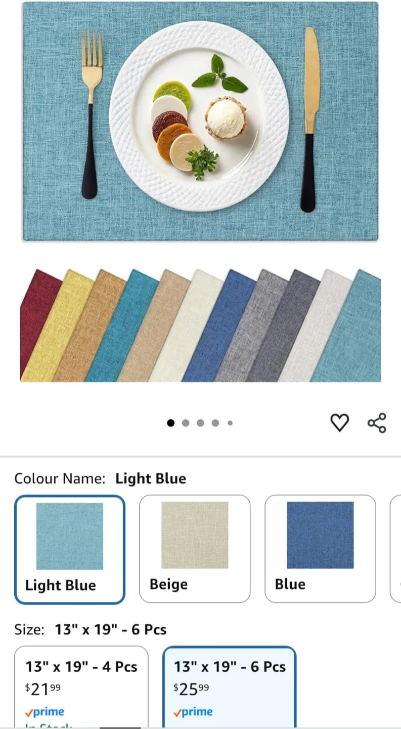 Smiry Light Blue Placemats 13" x 19" - 6 Pcs
