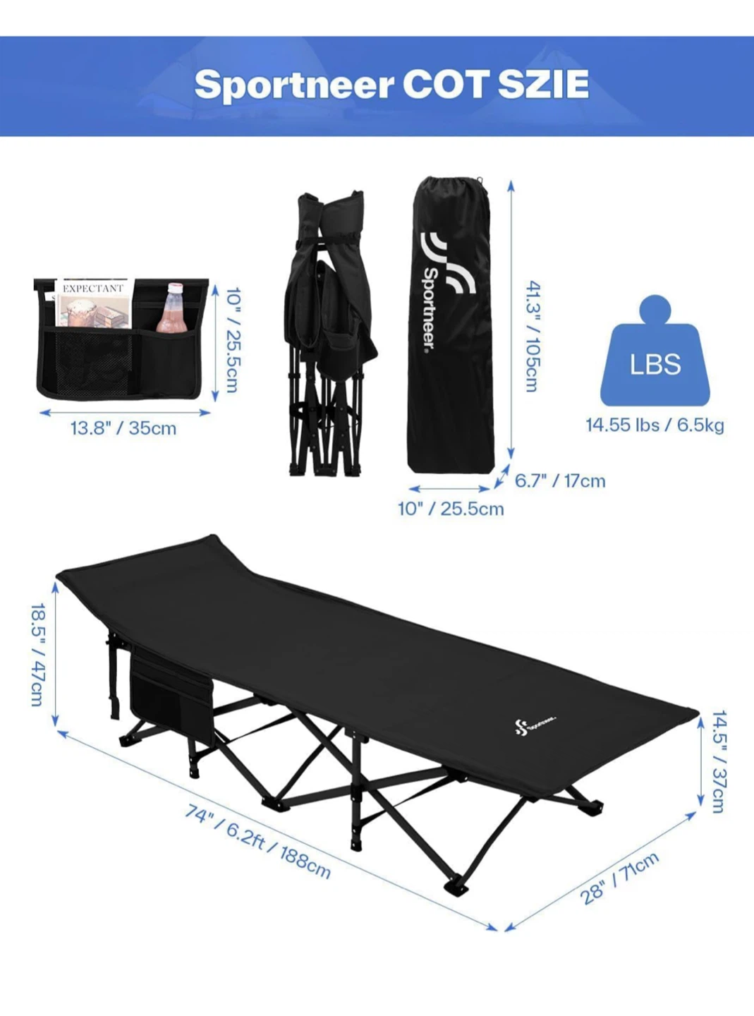 New Box Sportneer Folding Camping Cot Bed - Black - photo 3