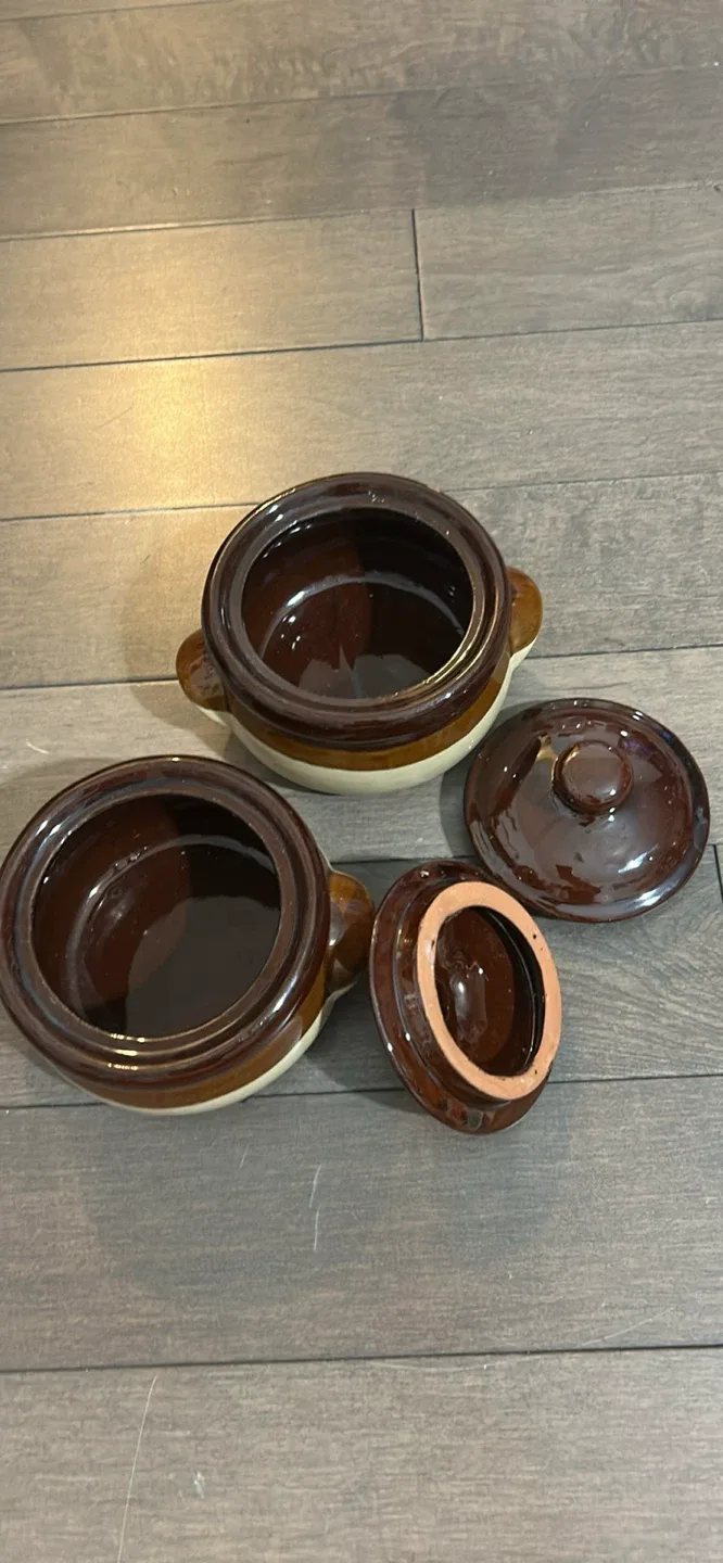 Two Brown Ceramic Casserole Dishes with Lids