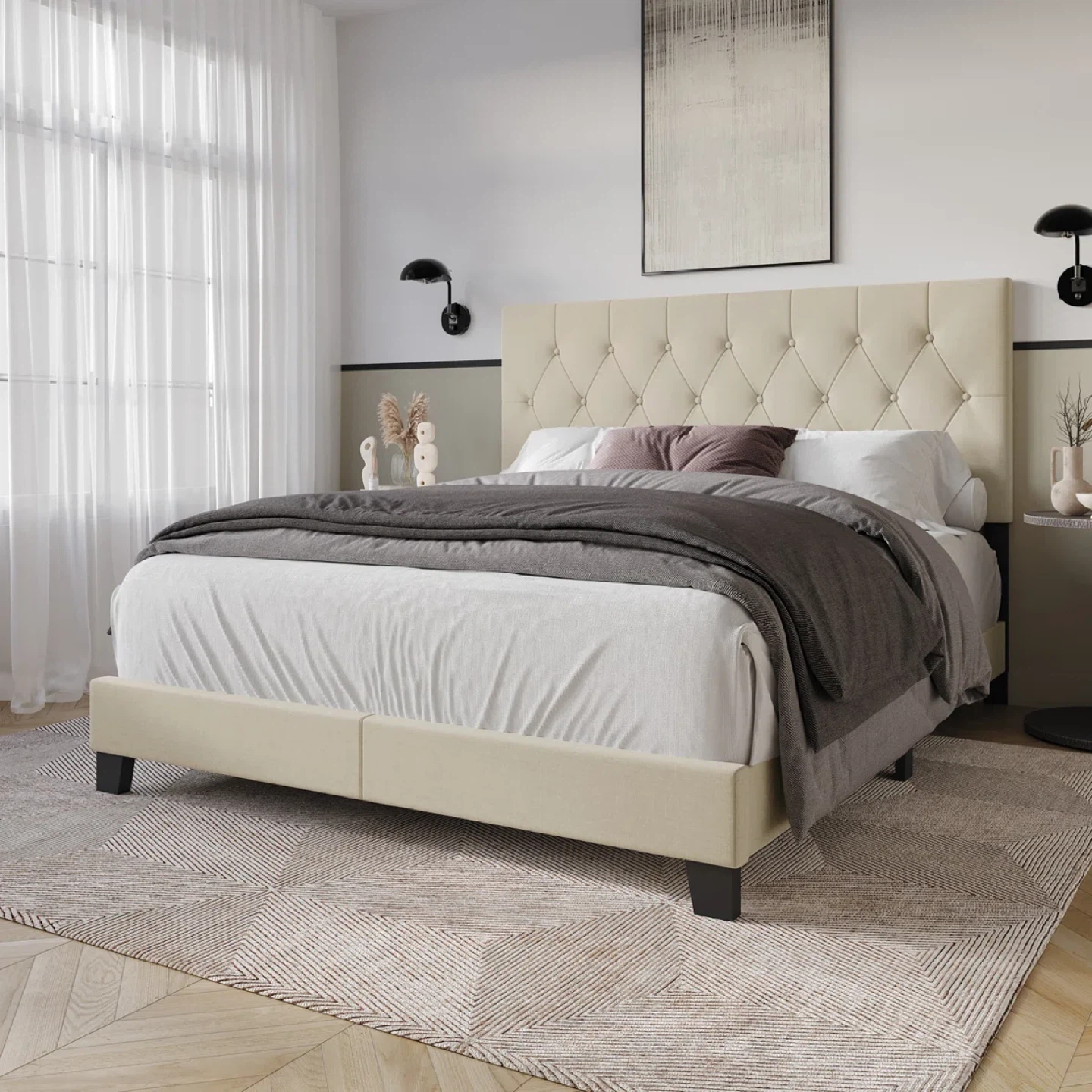 Upholstered Platform Bed - Beige