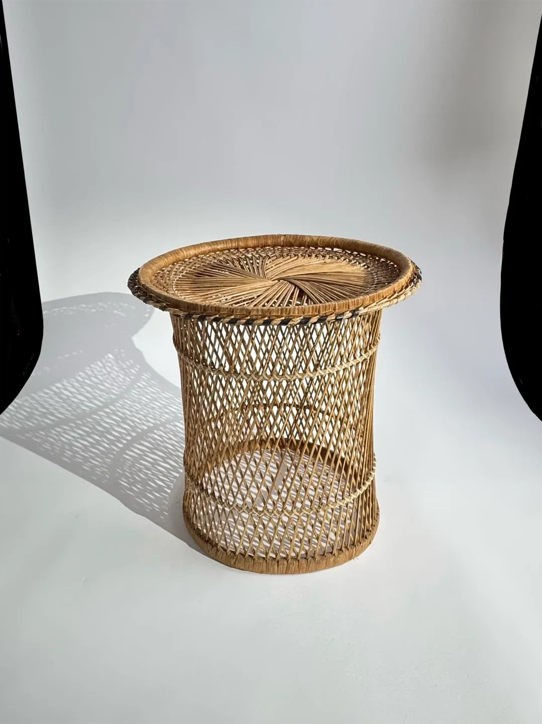 Vintage woven rattan drum side table, Boho bedside