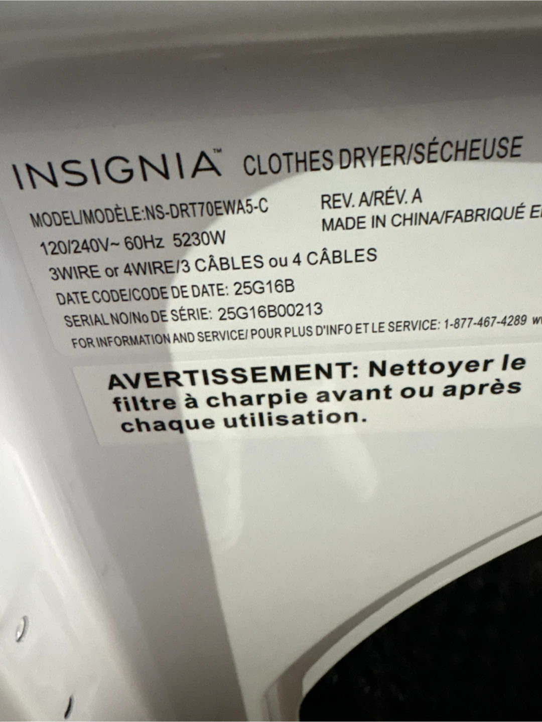 Insignia Clothes Dryer NS-DRT70EWA5-C - photo 2