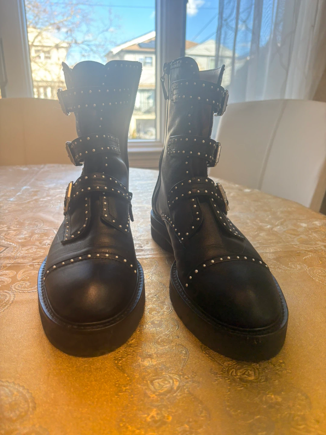 Stuart Weitzman Black Leather Studded Boots - Size 9