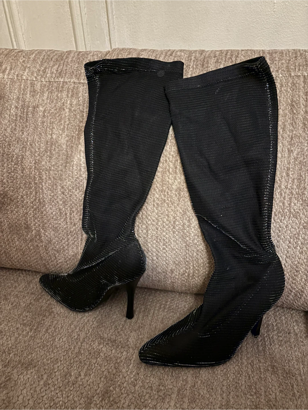Black Sparkly Knee High Heel Boots - photo 2