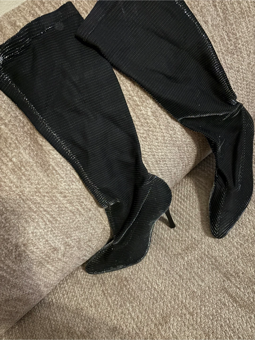 Black Sparkly Knee High Heel Boots