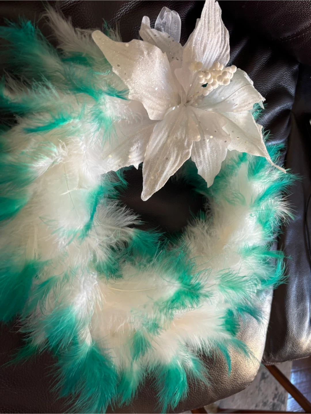 13” Festive Feather Wreath - Green & White - photo 4
