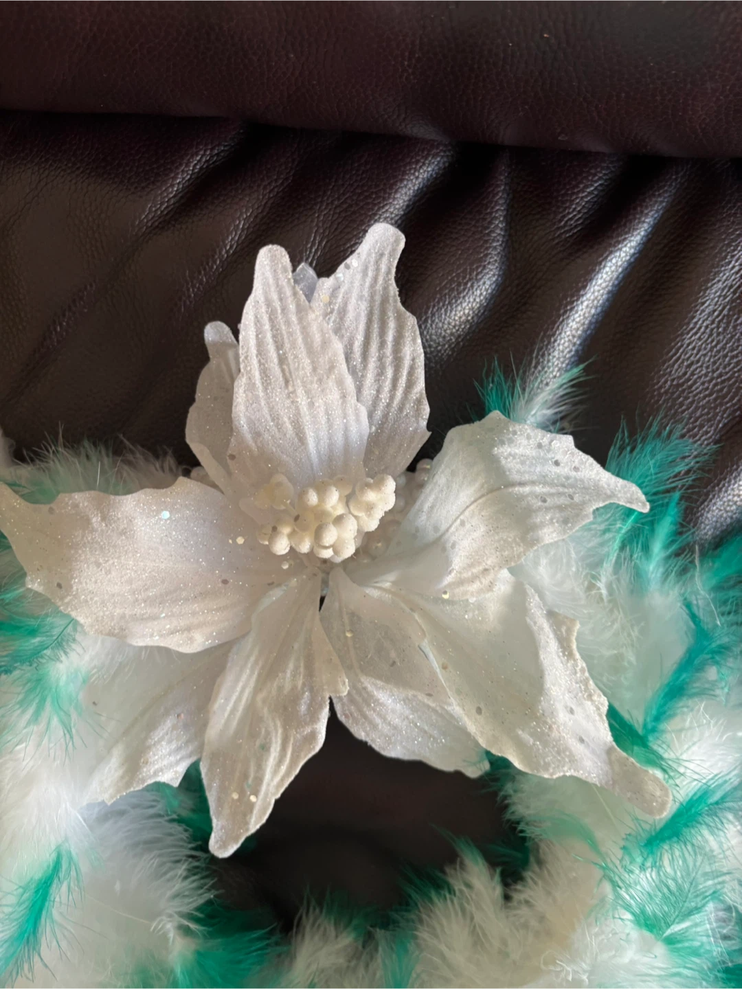13” Festive Feather Wreath - Green & White - photo 2