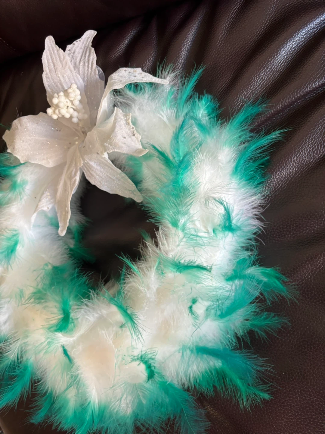 13” Festive Feather Wreath - Green & White - photo 3