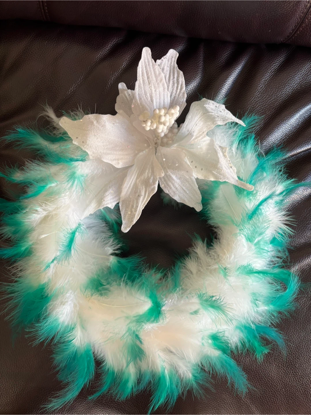 13” Festive Feather Wreath - Green & White