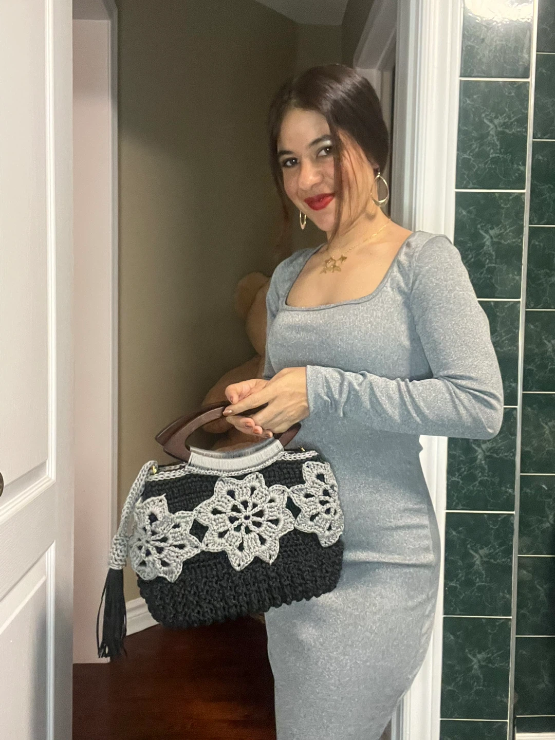 Crochet Black & Gray Handbag with Wooden Handle