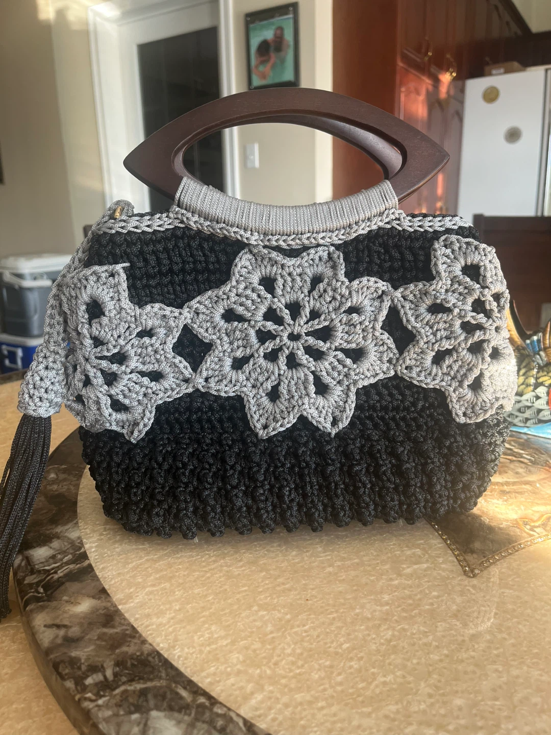 Crochet Black & Gray Handbag with Wooden Handle - photo 2