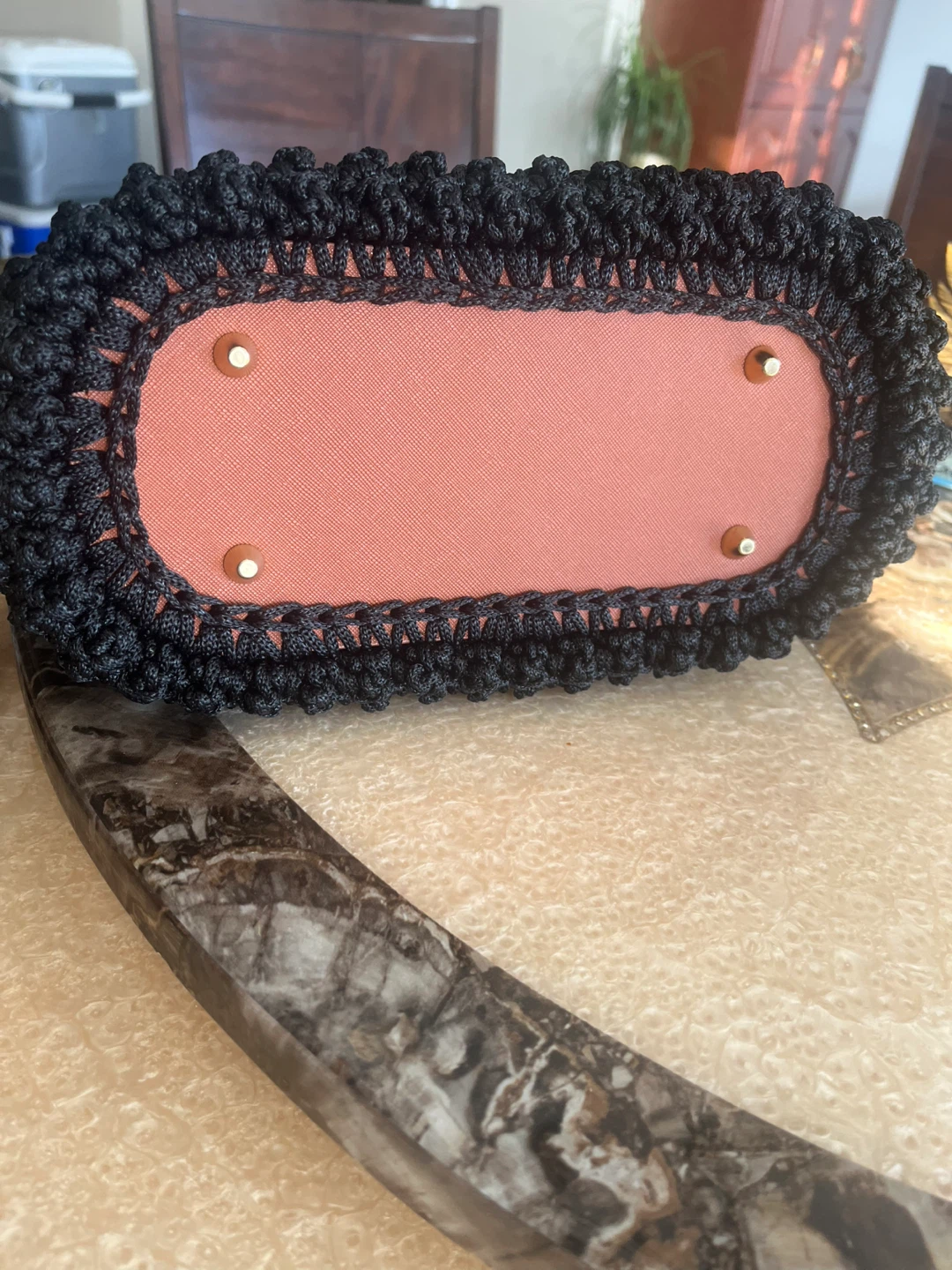 Crochet Black & Gray Handbag with Wooden Handle - photo 4