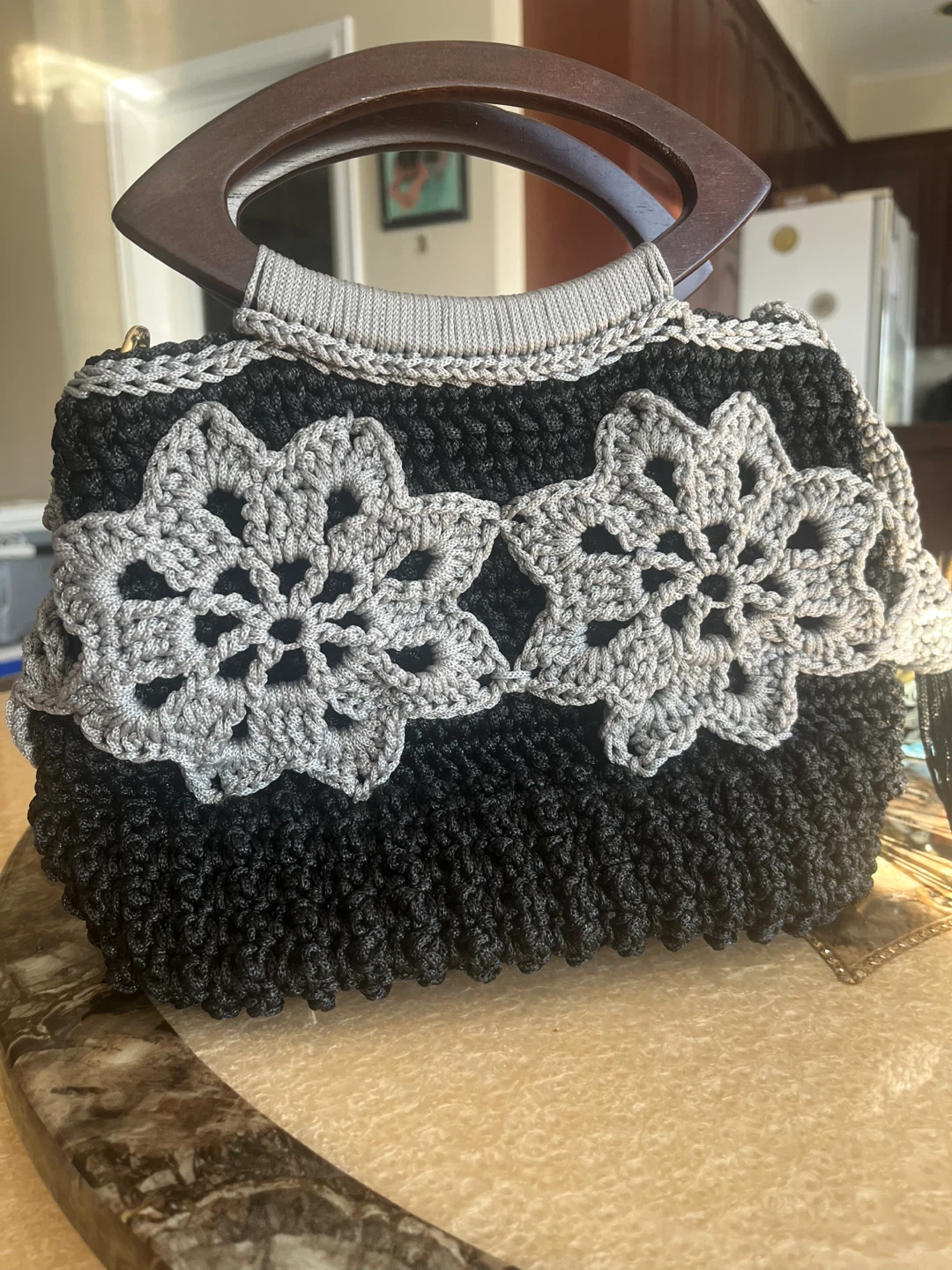 Crochet Black & Gray Handbag with Wooden Handle - photo 3