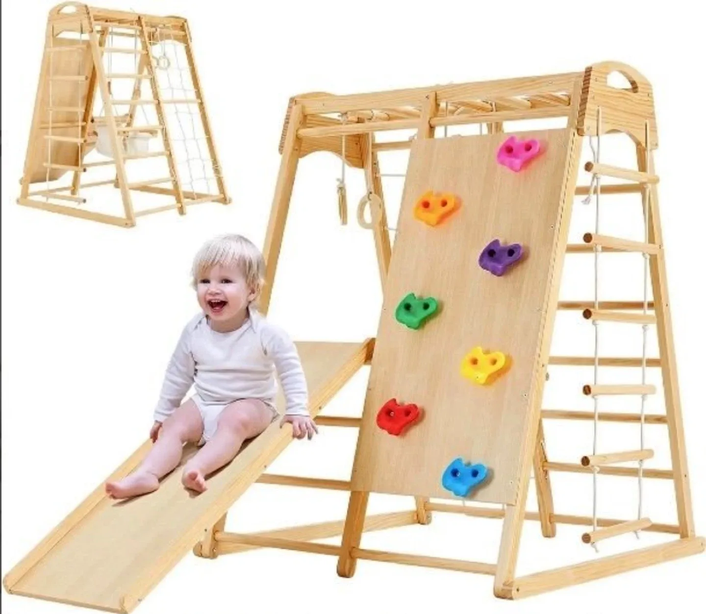Wooden Indoor Playground with Slide & Climbing Wall