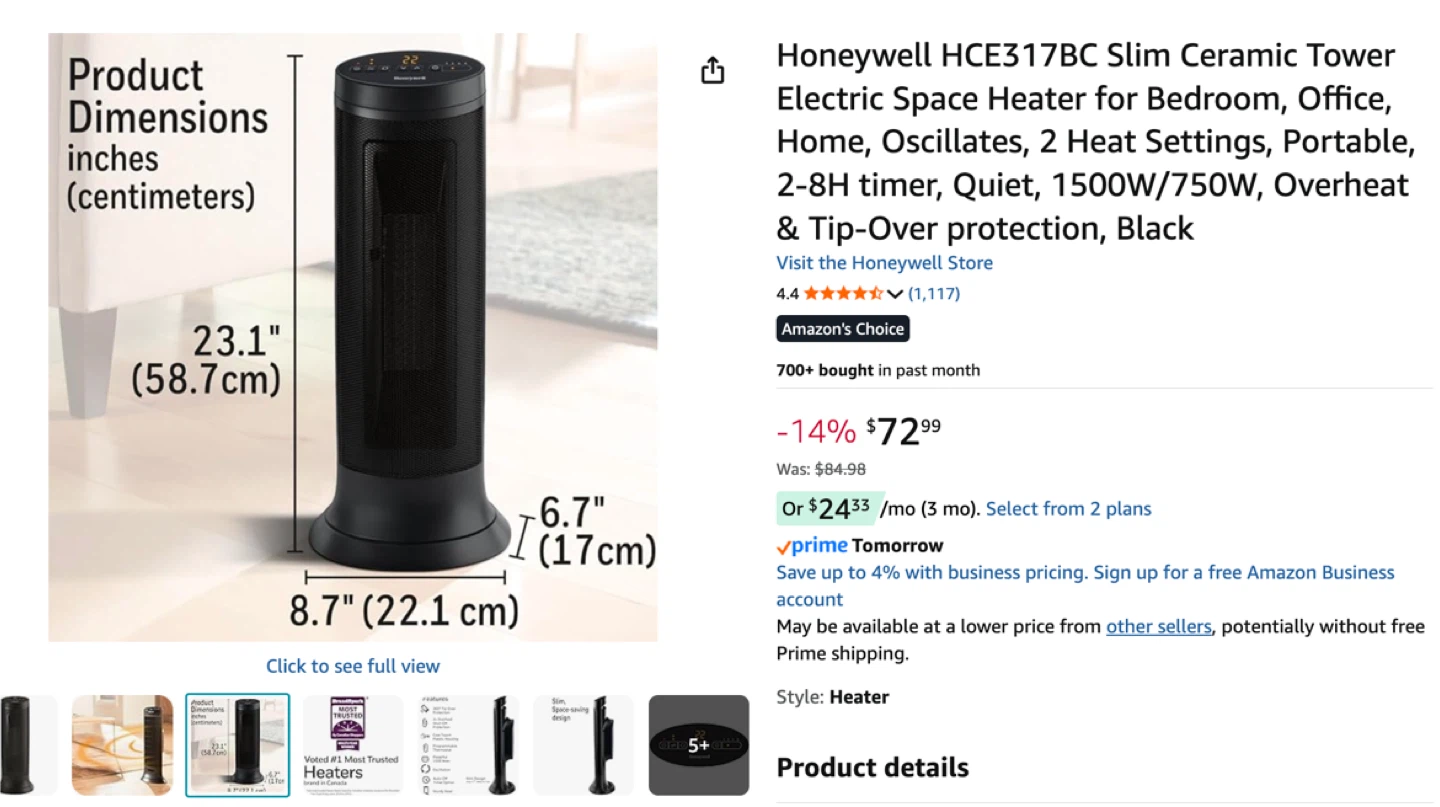 Honeywell HCE317BC Slim Ceramic Tower Heater - photo 3