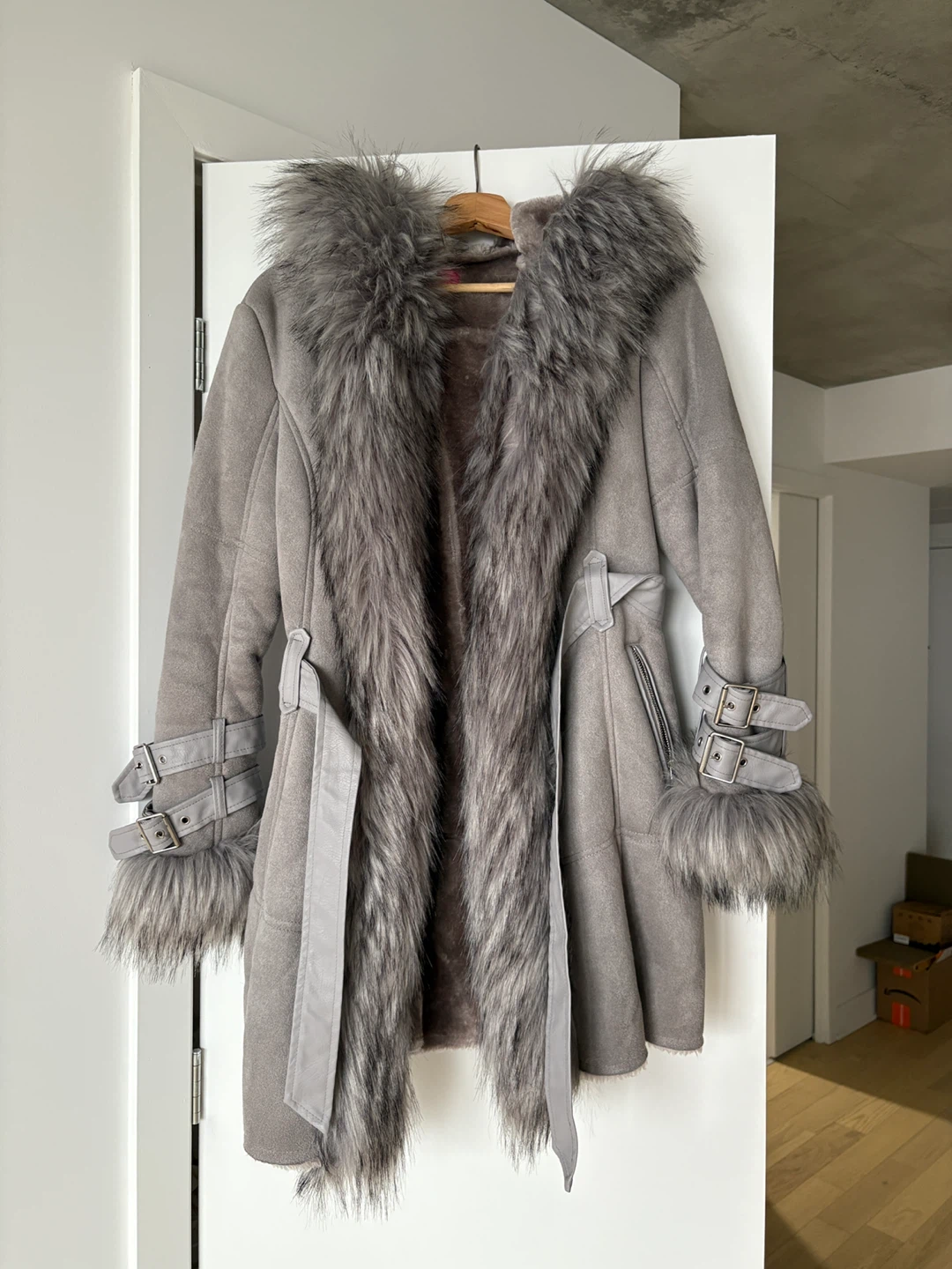 Grey Faux Fur Trimmed Coat