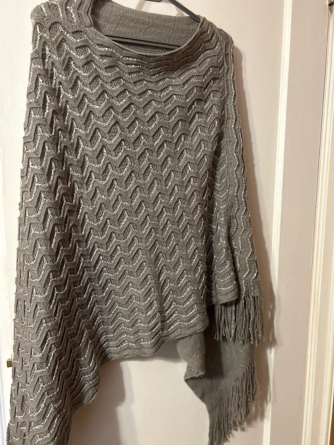 Grey Knit Poncho with Silver Detail