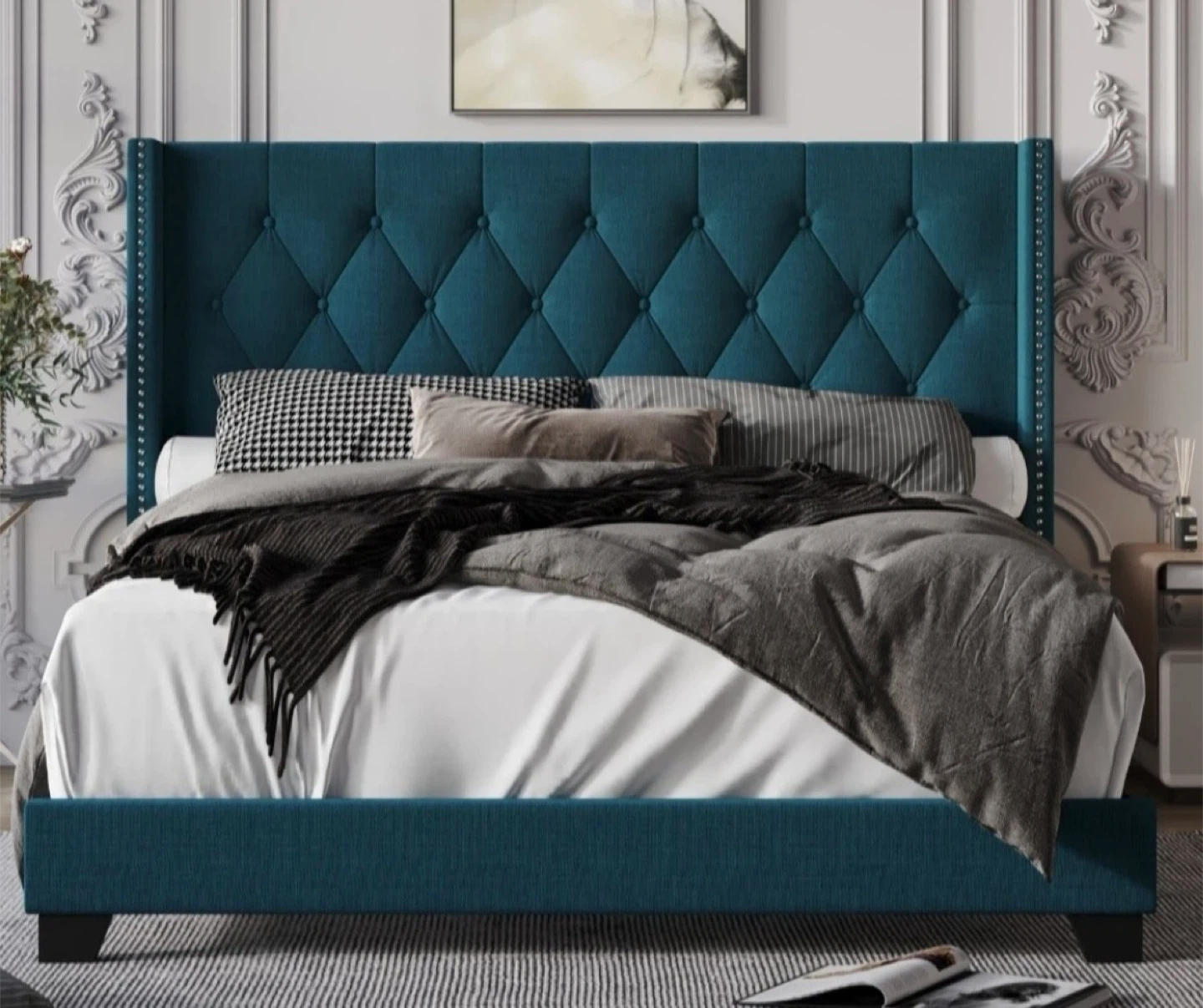 Upholstered Wingback Bed Frame - Teal