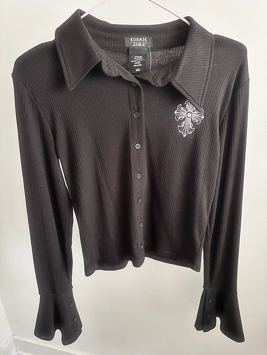 Cosmic Aura Gothic Cross Bell Sleeve Girls Button-Up Top - photo 2