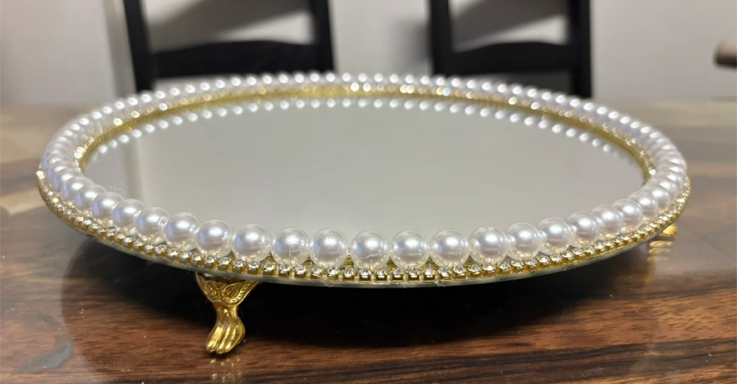 Round Mirror Tray with Faux Pearls & gold rhinestone Border - photo 2