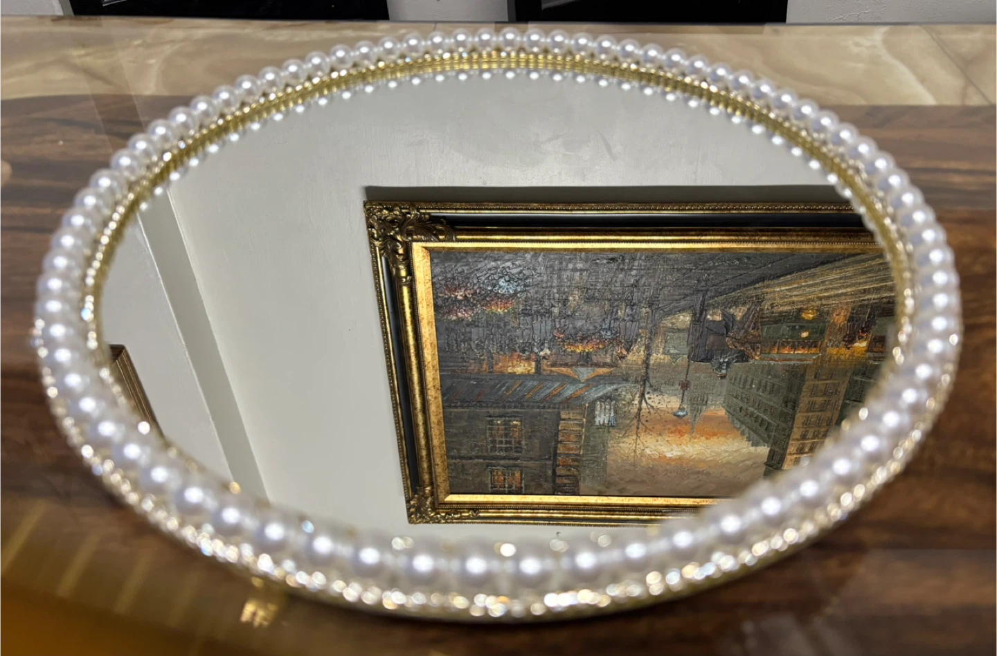 Round Mirror Tray with Faux Pearls & gold rhinestone Border - photo 3