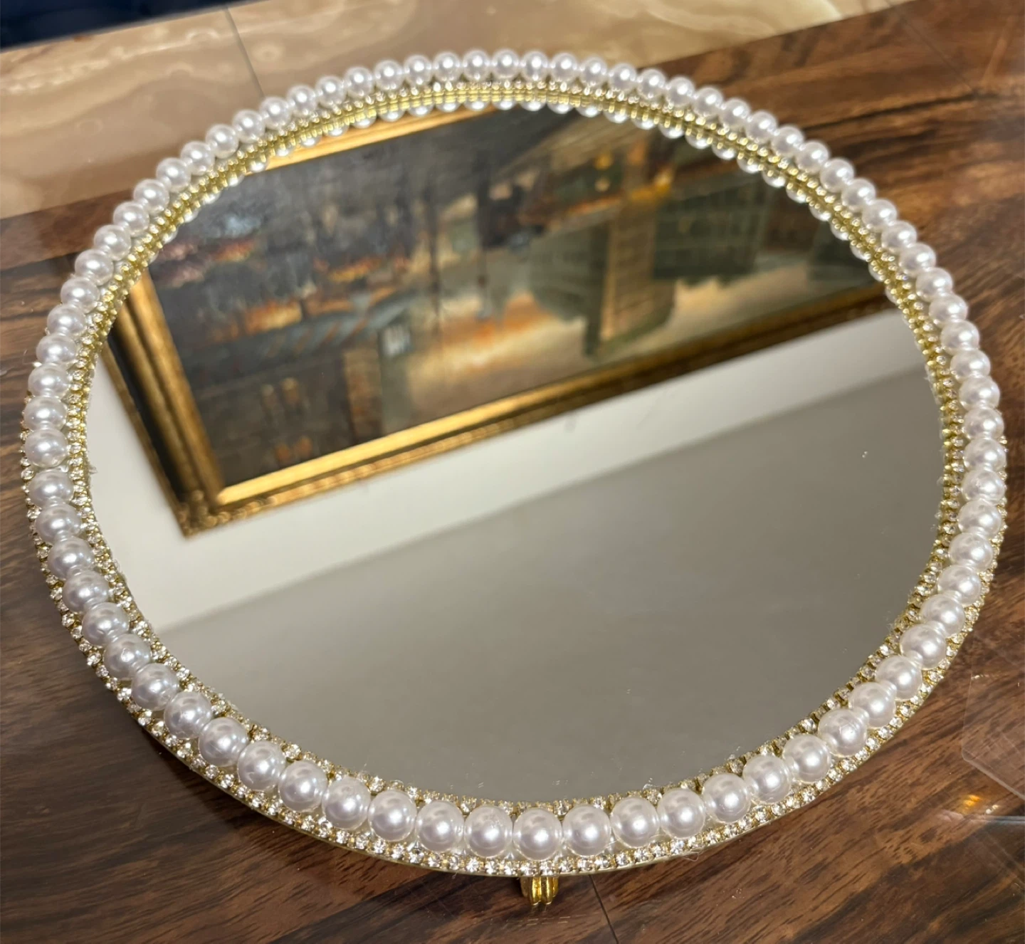 Round Mirror Tray with Faux Pearls & gold rhinestone Border