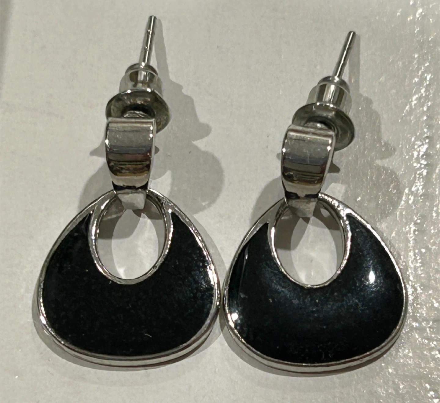 Silver Tone Black Teardrop Earrings