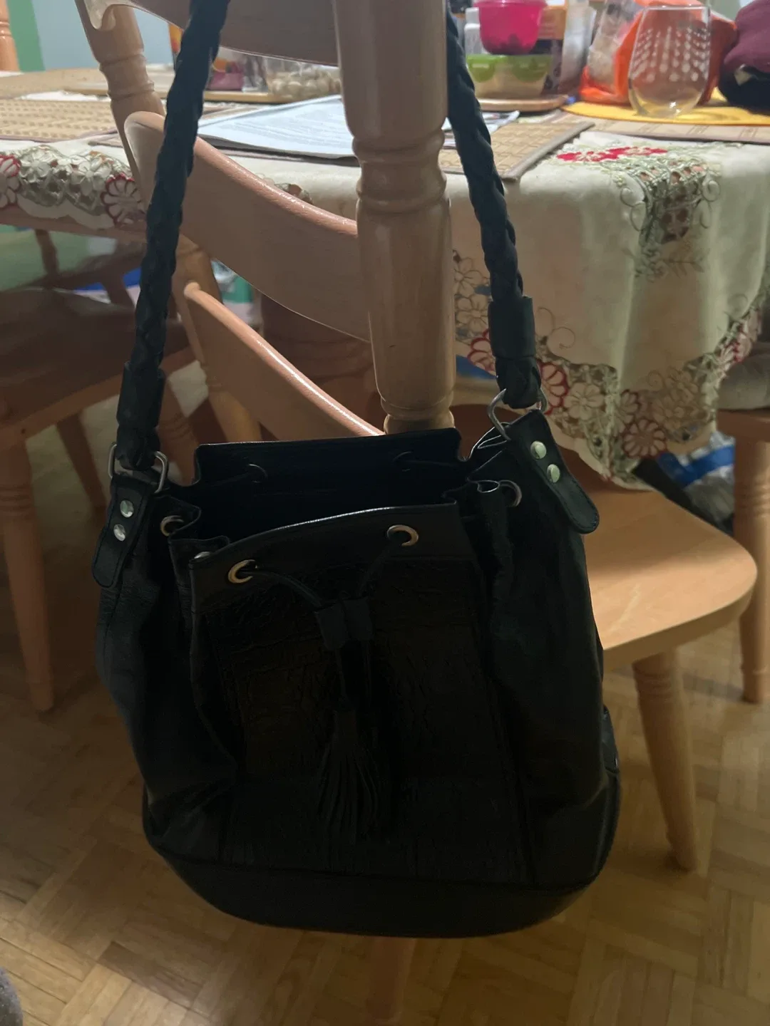 Black Leather Bucket Bag
