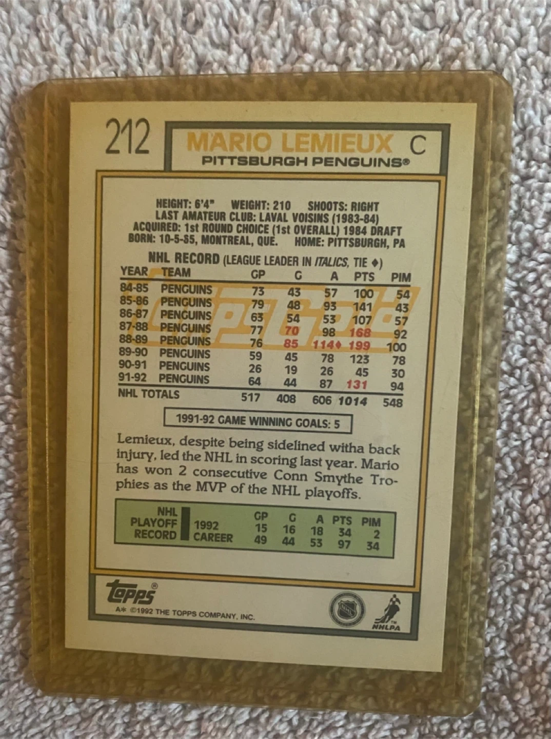 Mario Lemieux Topps Rookie Card - photo 2