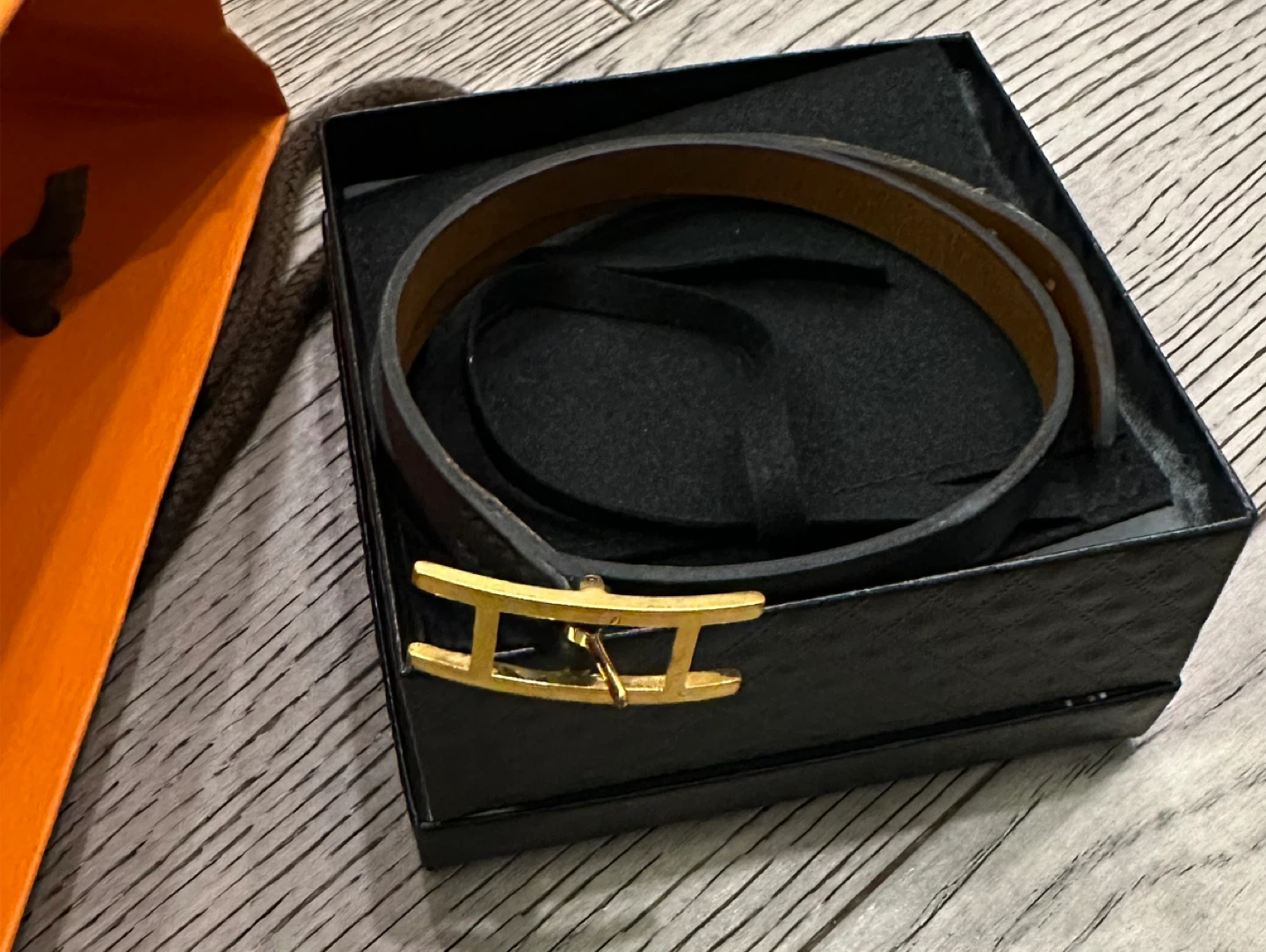 Authentic Hermès Black Leather Belt with Gold Buckle