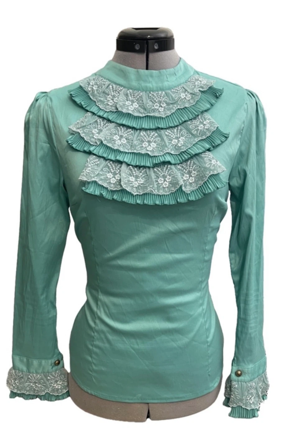 Vintage Aqua Ruffle Lace Blouse – Size 44 (fits S/M)