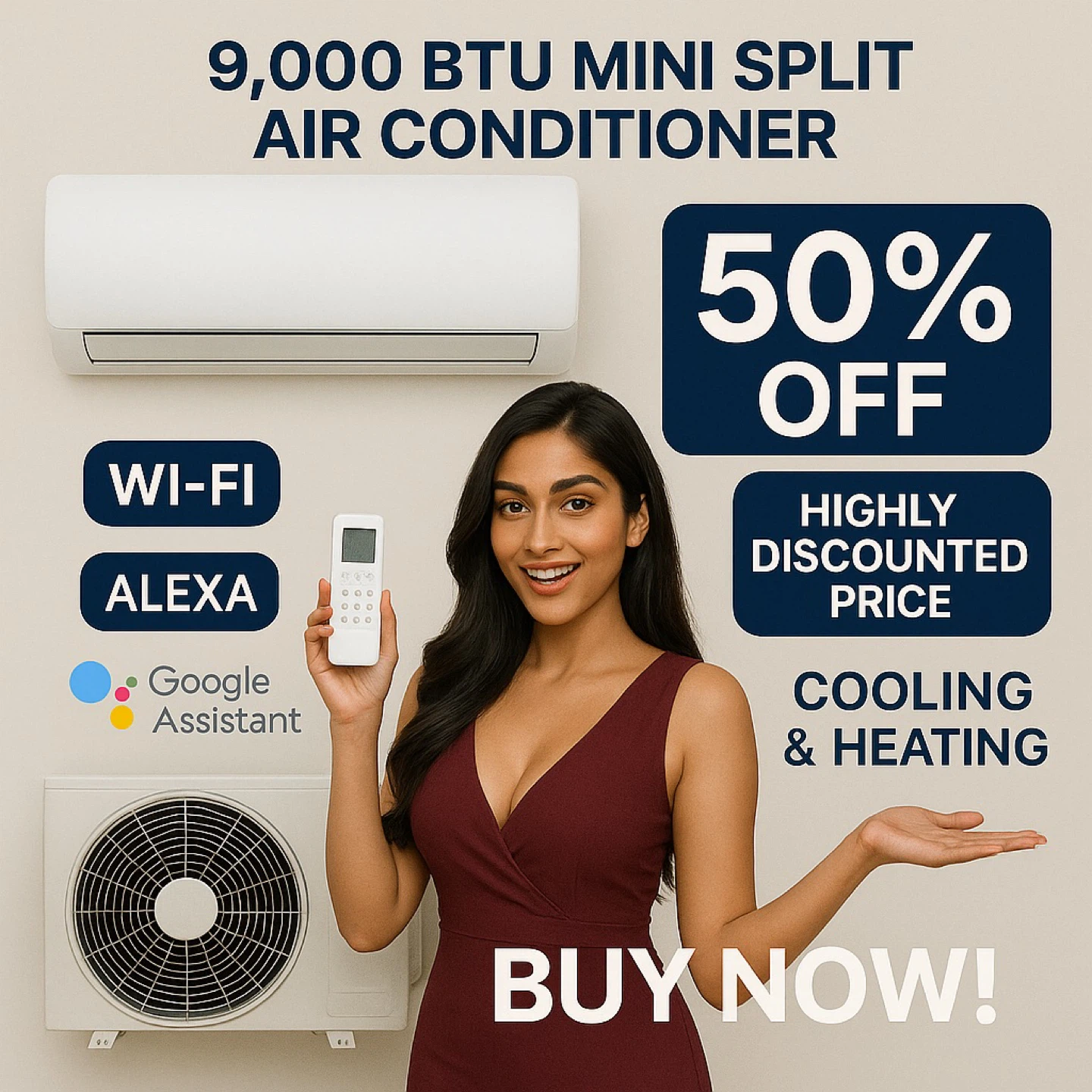 9,000 BTU Mini Split Air Conditioner - Cooling & Heating
