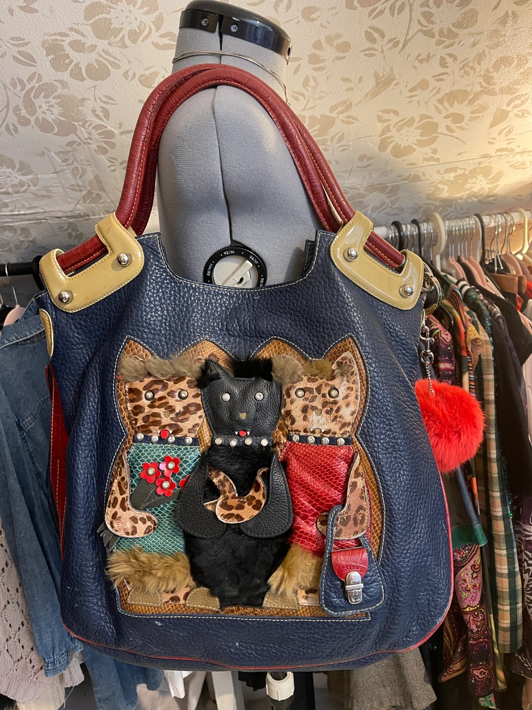 Unique Leather Tote Bag with Cat Appliqués