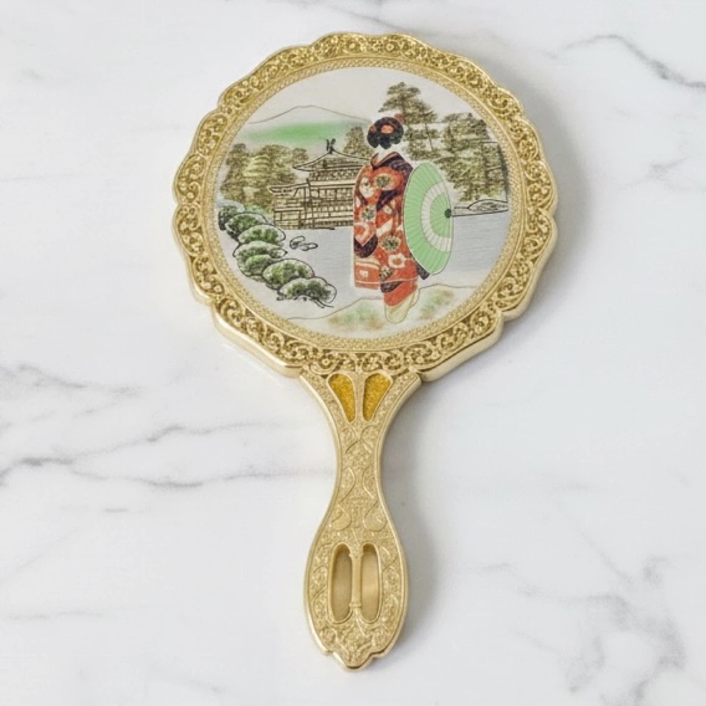 Migita Co 24k Gold Plated Handheld Mirror Japanese Geisha Temple