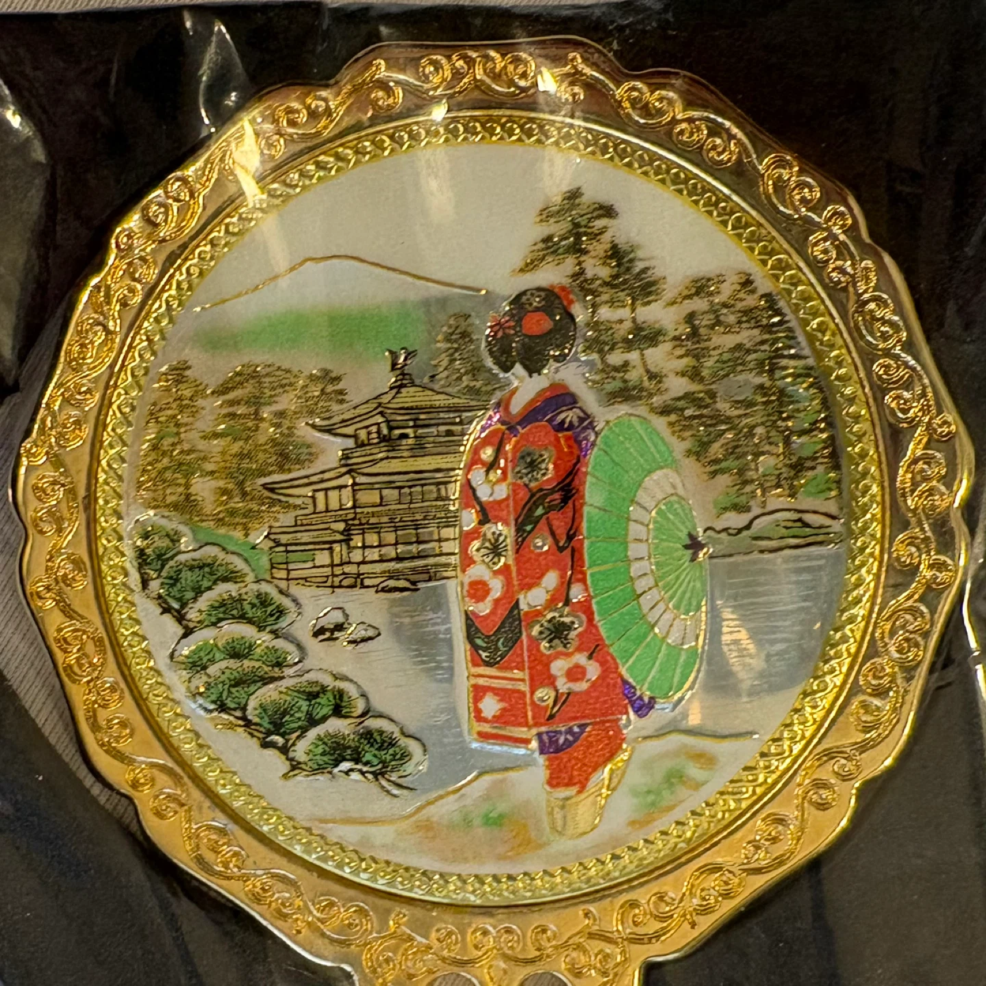Migita Co 24k Gold Plated Handheld Mirror Japanese Geisha Temple - photo 4