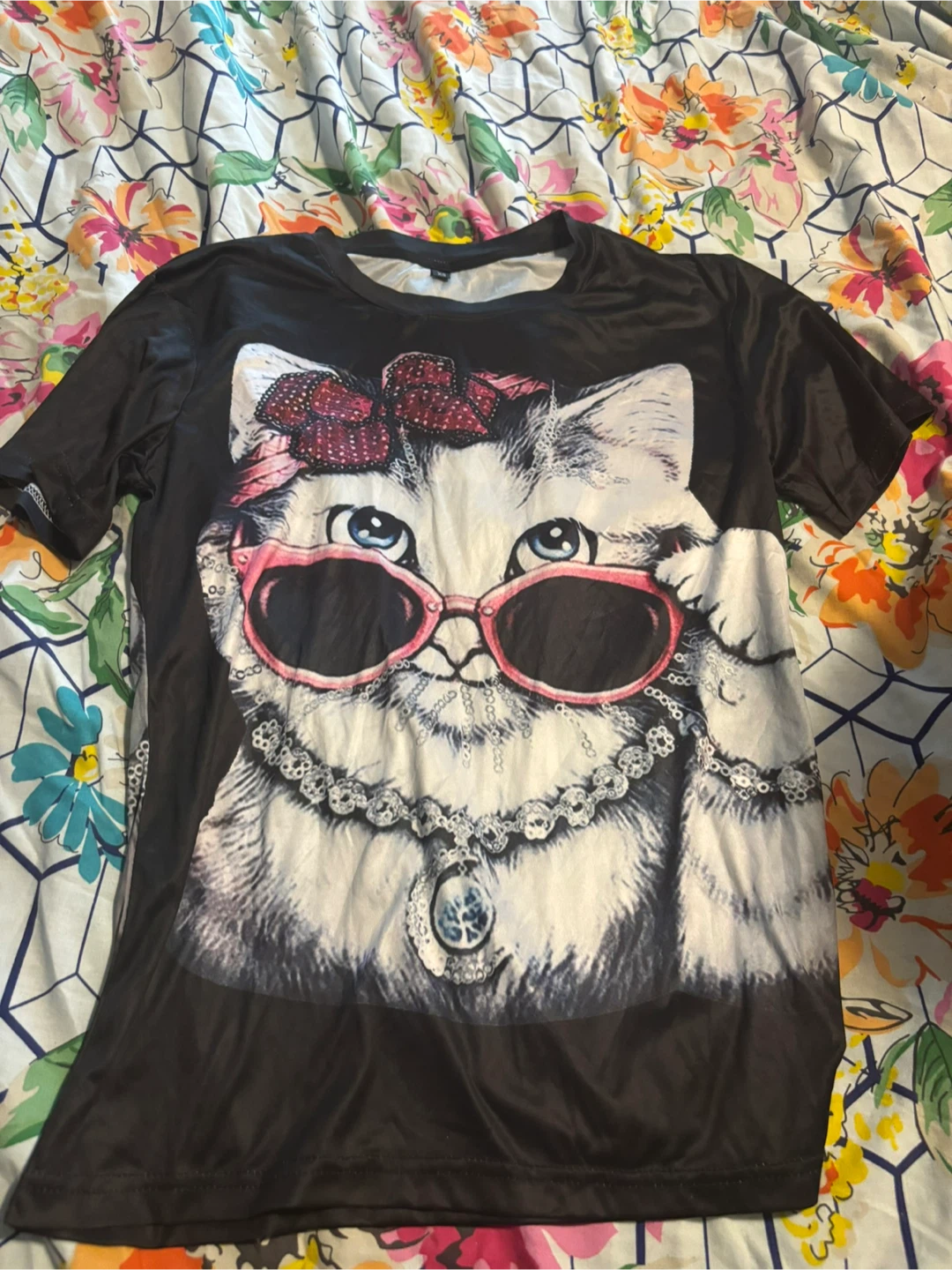 Cat Print T-Shirt - Black