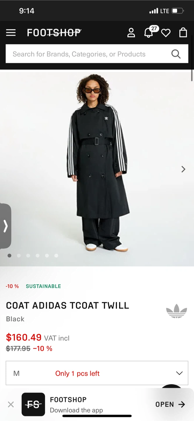 Adidas TCoat Twill Black Trench Coat