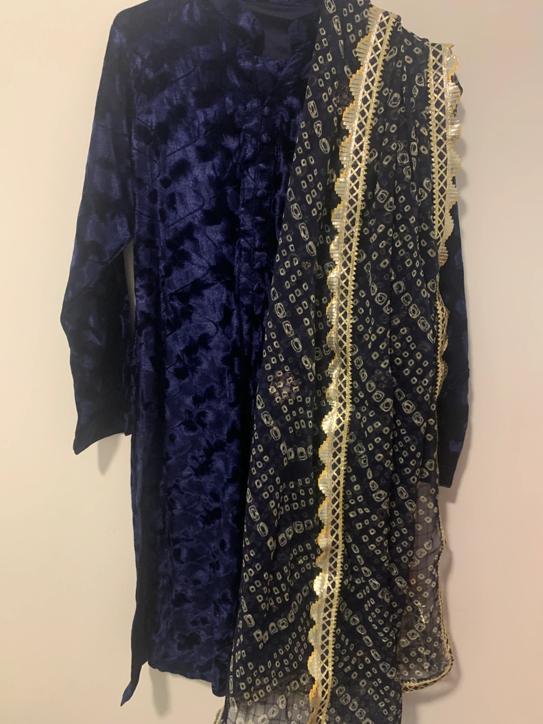 Blue Velvet Kurti with chunri Dupatta gota work