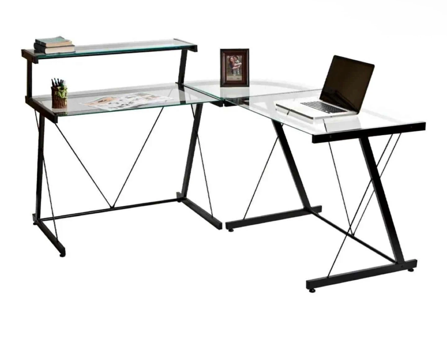 Glass Corner L shape Desk with Metal Frame